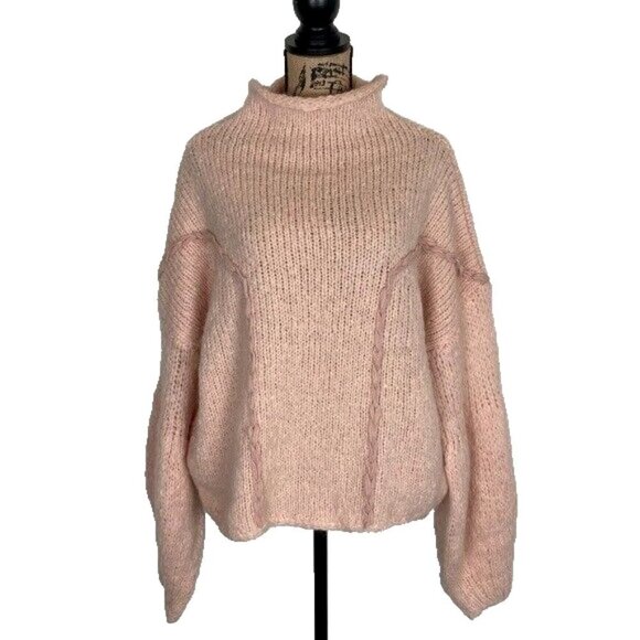 Oneon Women's Mohair Virgin Wool Handknitted Sweater Size L Pink Balloon Sleeve - Picture 1 of 13